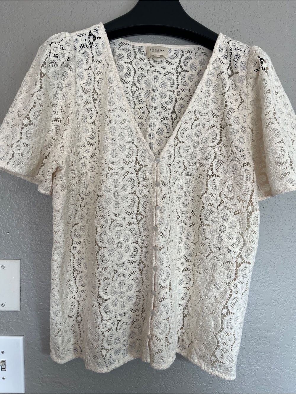 Sezane Cream Floral Lace V-Neck Button Blouse